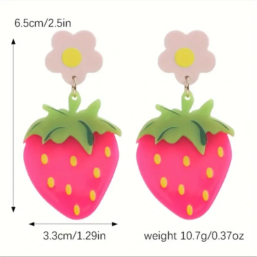 Pink Strawberry Floral Acrylic Dangle Earrings - Picture 3 of 3